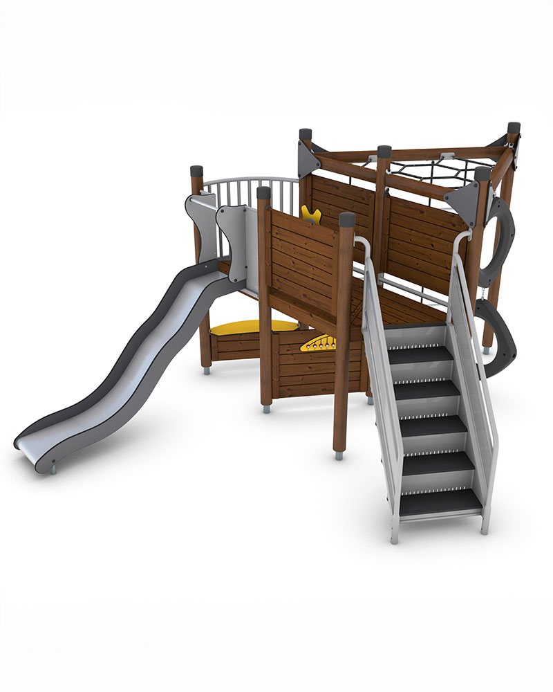 Rendered image on white background of Hemba UniPlay playground system in wood.